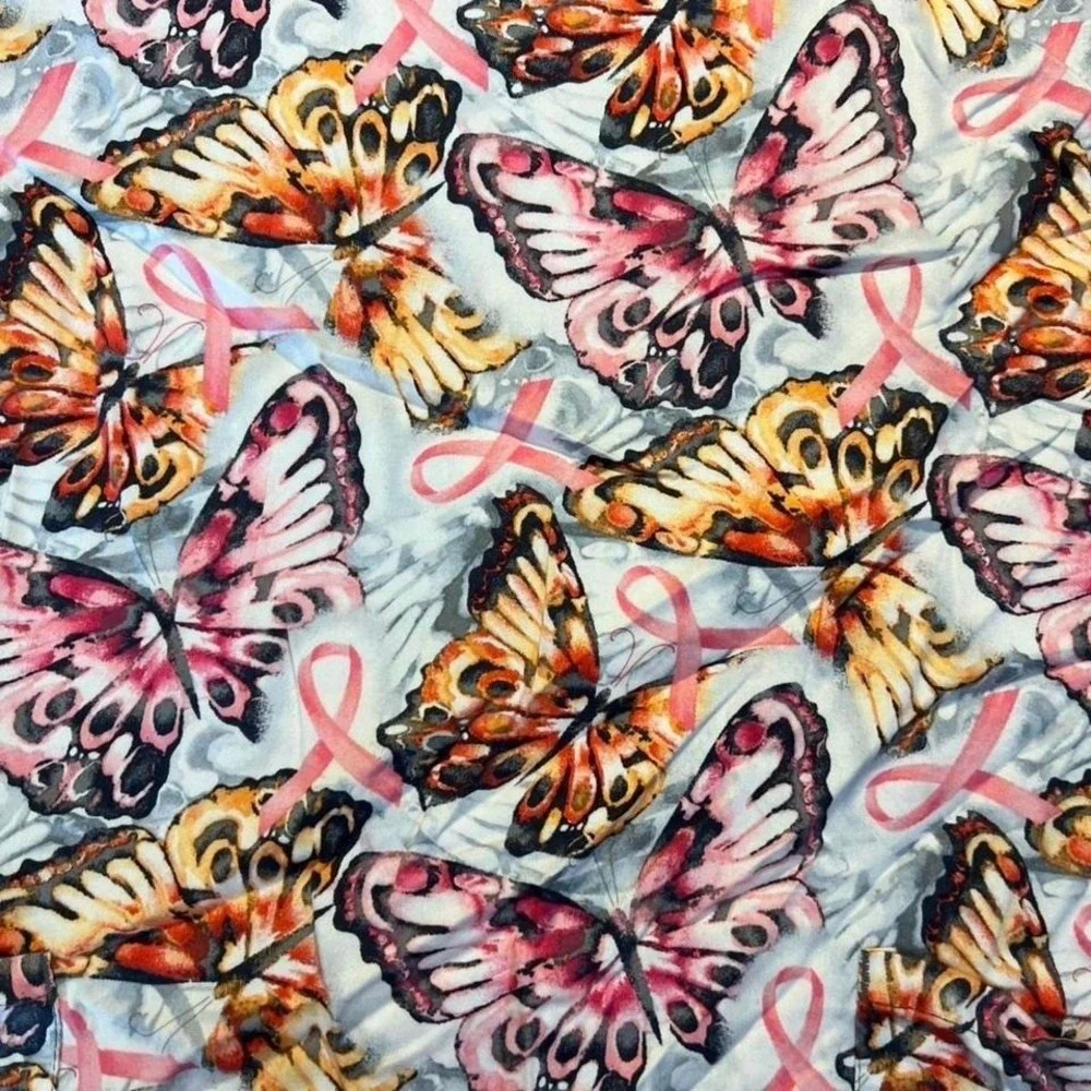 Bring It On‎ BIO Scrub Top Large Butterfly Pink Ribbon Breast Cancer Awareness